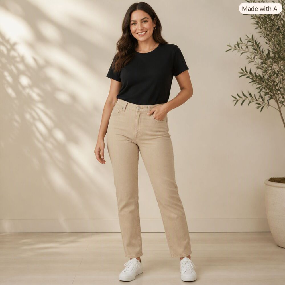 Zac & Rachel Beige Straight‑Leg Jeans | Neutral Classic | Size 8